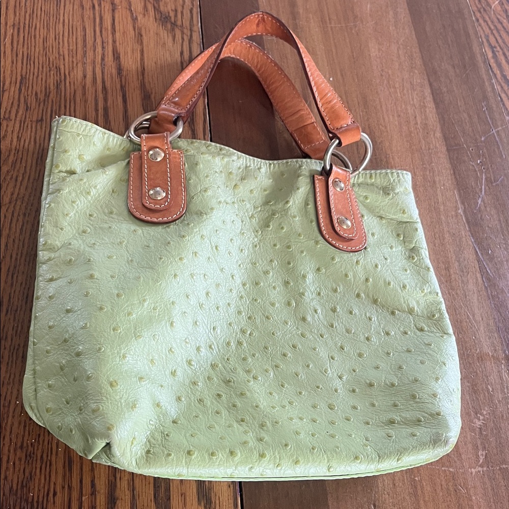 Mauricio Taiuti  Green ostrich leather small Tote Bag with Tan Leather Handles